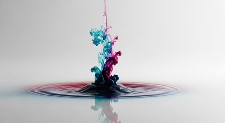 Vibrant colorful ink drops creating abstract swirling patterns in clear water with reflections