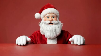 Cheerful santa claus peeks over a red surface wearing his iconic red suit and white gloves against a matching red background for christmas holiday cheer - Powered by Adobe