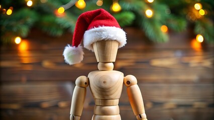 A wooden mannequin head wearing a festive red santa hat for christmas