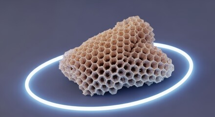 Intricate hexagonal honeycomb structure illuminated by a glowing neon light ring on a dark background