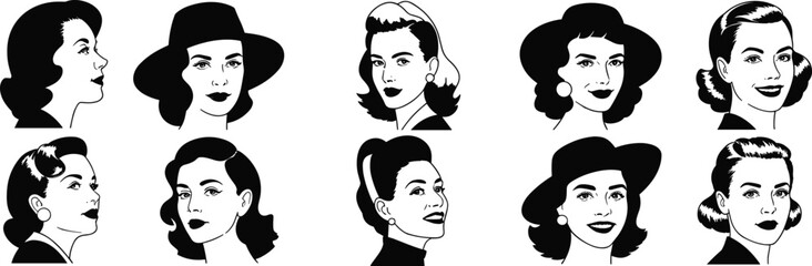 Set of ten black-and-white vintage women face illustrations featuring diverse hairstyles, accessories, and expressive graphic portrait styles
