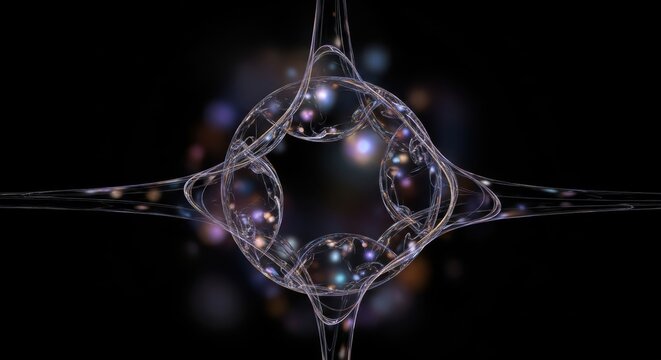 Abstract liquid sculpture with glowing particles and dark background representing cosmic energy and fluid dynamics