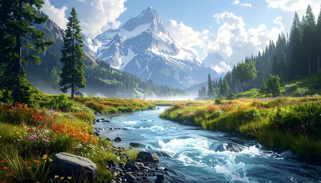 Lush mountain valley, river flows, wildflowers bloom, bright sunny day - Powered by Adobe