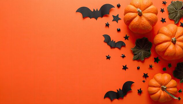 Halloween pumpkins and bats on orange background