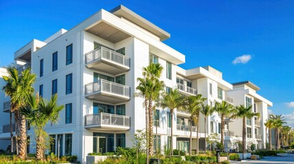 A modern apartment building with white exteriors and balconies, surrounded by palm trees and a clear blue sky.