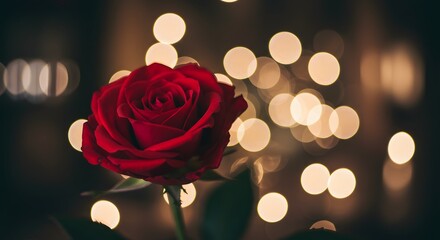 A single red rose bathed in soft, warm bokeh lights, creating an atmosphere of romance and beauty