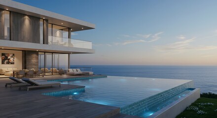 Luxury Villa with Infinity Pool Overlooking Ocean at Sunset