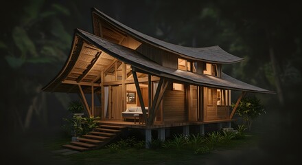 Luxury Wooden Villa in Tropical Setting at Dusk