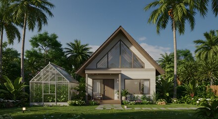 Modern A-Frame House with Greenhouse in Tropical Setting