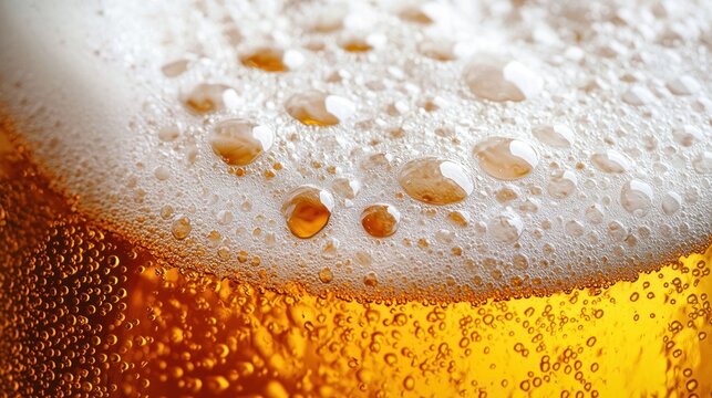 A close-up of a glass of beer with a frothy head and condensation on the glass.
