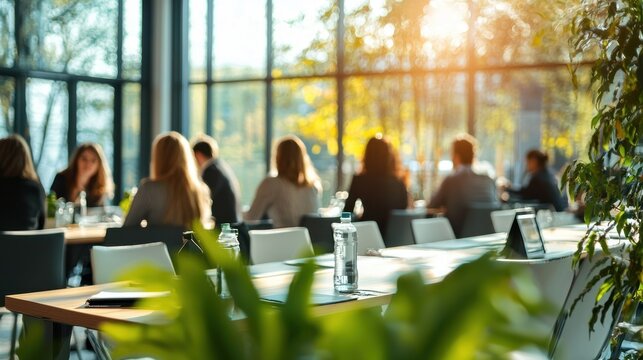 People sitting at a conference table with a green plant in the foreground.