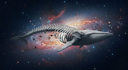 Whale skeleton floating in the cosmos, a surreal and majestic representation of life and the universe