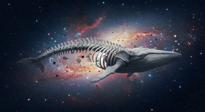 Whale skeleton floating in the cosmos, a surreal and majestic representation of life and the universe