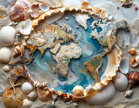 World map framed by seashells