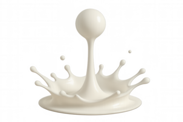 Milk splash crown forming an upward liquid column with a falling drop, white dairy beverage on transparent background