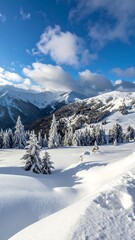 Fototapeta premium Winter wonderland mountain scene, snowy landscape, sunny day