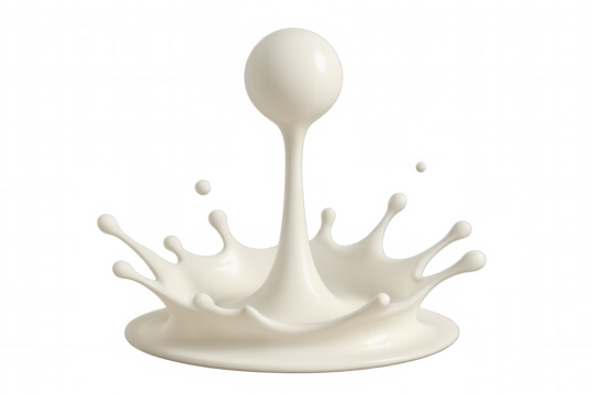 Milk splash crown forming an upward liquid column with a falling drop, white dairy beverage on transparent background