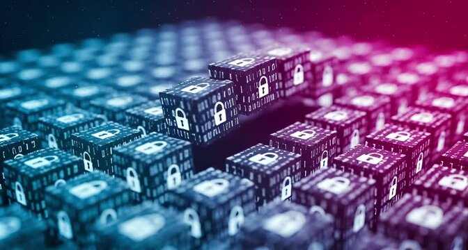 Array of cubes with lock icons and binary code, illuminated by a gradient of blue and pink light, representing data encryption and cybersecurity animated 4k video