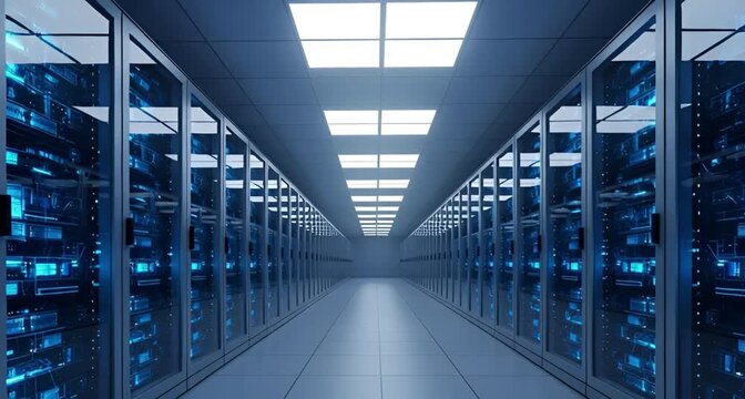 Long, illuminated corridor of a modern data center with rows of glassfronted server cabinets stretching into the distance animated 4k video