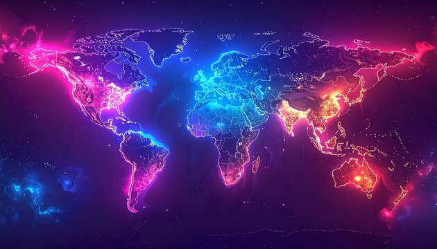 World map, glowing neon colors