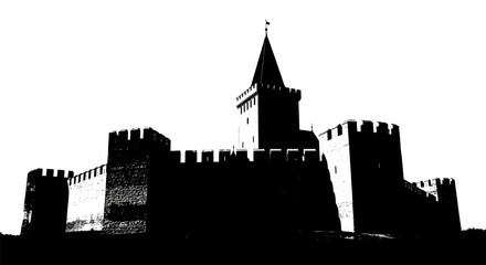 Dramatic Silhouette of an Ancient Medieval Castle Against a White Sky.