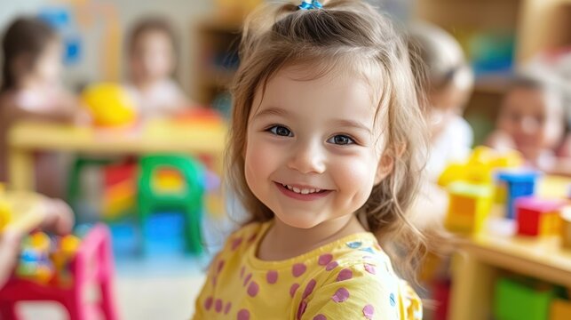 A young girl with blonde hair smiling in a classroom with other children.