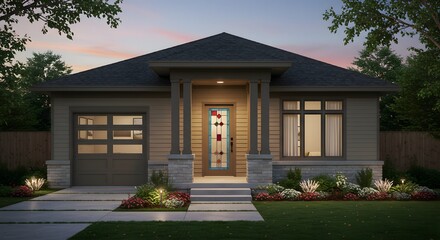 Fototapeta premium Modern House Exterior at Dusk with Stained Glass Door and Landscaping