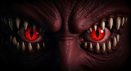 Intense Crimson Gaze A Close-Up of Fiery Eyes and Sharp Fangs in the Shadows