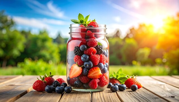 Sunny jar of fresh berries on an outdoor wood table