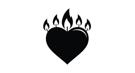 Black heart with flames on white background fire love