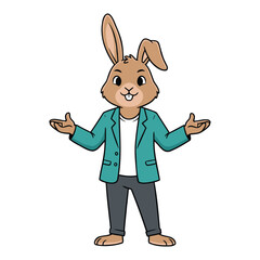Fototapeta premium Cartoon rabbit wearing a teal blazer and gesturing with hands on a white background