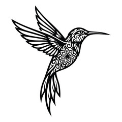 Obraz premium Black and white illustration of a hummingbird in flight with ornate tribal tattoo designs on its body against a clean white background.