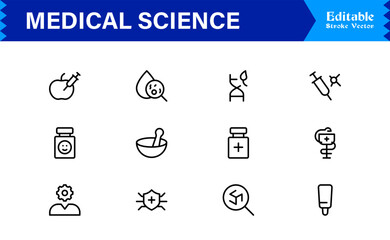 Professional Medical Science line icon set with modern minimal design, unique vector illustrations perfect for healthcare, biology, pharmacy, and research applications, clean style