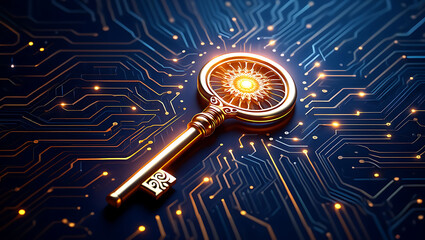 Golden key on circuit board, representing digital access and cybersecurity