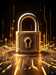 Golden padlock on a circuit board, symbolizing data security and protection