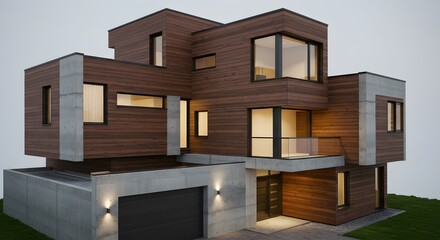Modern Geometric House Exterior - Wood and Concrete Design