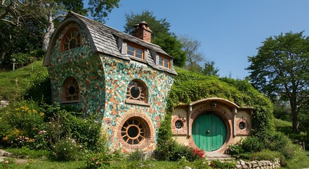 Whimsical Hobbit House with Mosaic Facade and Green Round Door in Lush Garden