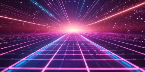 A vibrant, futuristic grid landscape with neon lights and a glowing center, set against a dark, starry sky with a bright, glowing light at the center.