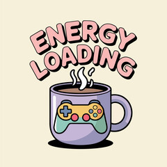 energy loading mug, hot coffee steam, gamepad graphic on cup, motivational gamer fuel, cozy morning vector illustration
