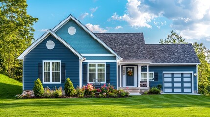 A blue house with a green lawn and a white picket fence in a suburban neighborhood.