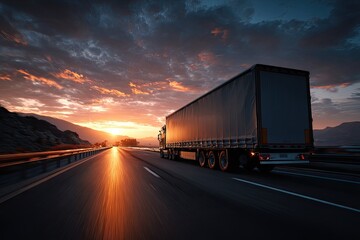 Obraz premium Truck on highway at sunset