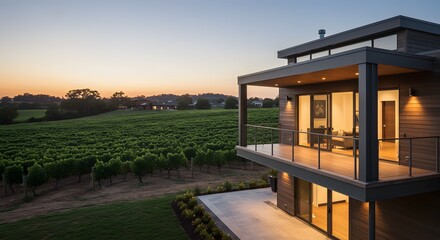 Modern Home Overlooking Vineyard at Sunset
