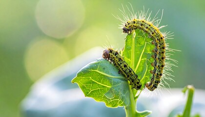 Two caterpillars on a green leaf, bathed in soft, natural light