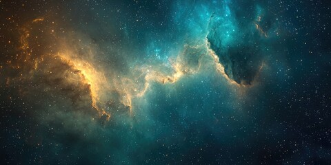 A vast, colorful nebula with a mix of blue, green, and orange hues, surrounded by countless stars and a few bright, glowing patches of light.