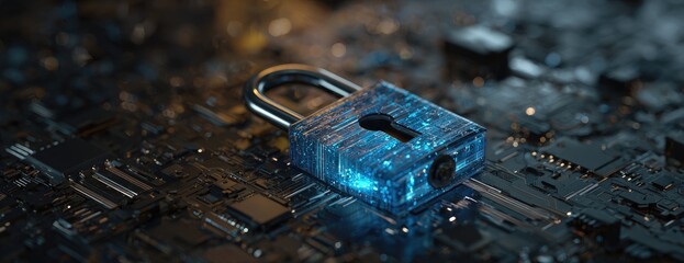 A padlock rests on a circuit board, glowing with blue digital patterns