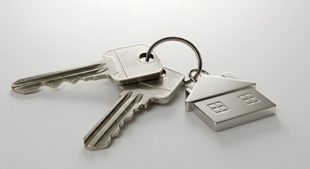A set of shiny new house keys with a silver home-shaped keychain on a clean white surface, symbolizing real estate purchase and home ownership