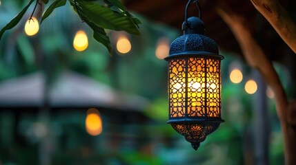 A hanging lantern with a patterned design, emitting a warm glow in a garden setting.