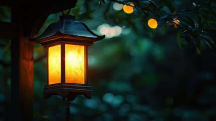 A traditional Japanese lantern with a glowing light, surrounded by green foliage and a blurred background.