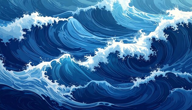 Dynamic illustration of churning ocean waves, vibrant blues and white foam