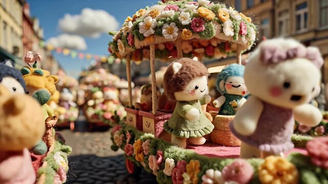 Animated parade of floral floats with characters on street with sunlight